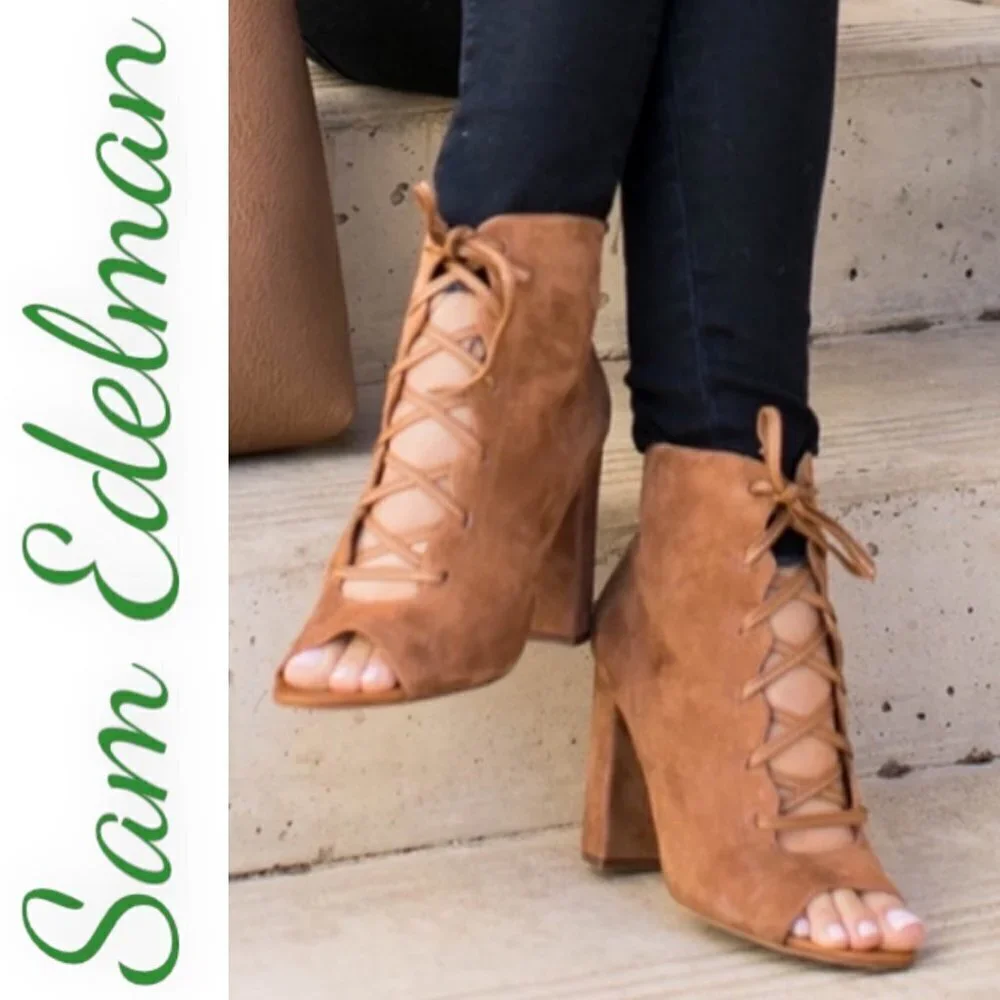 SAM EDELMAN YVIE Suede Open‎ Toe Lace Up Ankle Boot Saddle Brown, Size 8